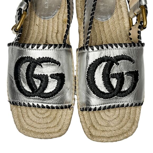 Gucci Pilar GG Espadrille Sandals EU 37 US 7 Metallic Silver Slingback Logo - Picture 3 of 14